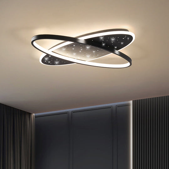 Modern LED Flush Ceiling Light in Black with Metallic Oval and Circular Design