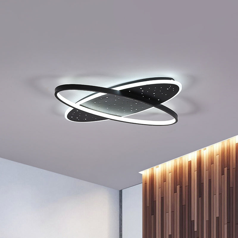 Modern LED Flush Ceiling Light in Black with Metallic Oval and Circular Design