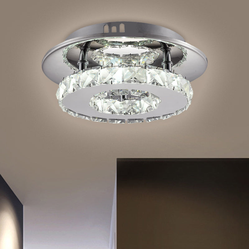 Beveled Crystal Loop Flush Mount Ceiling Light - Modern 8"/12" Width - Stainless-Steel LED Fixture