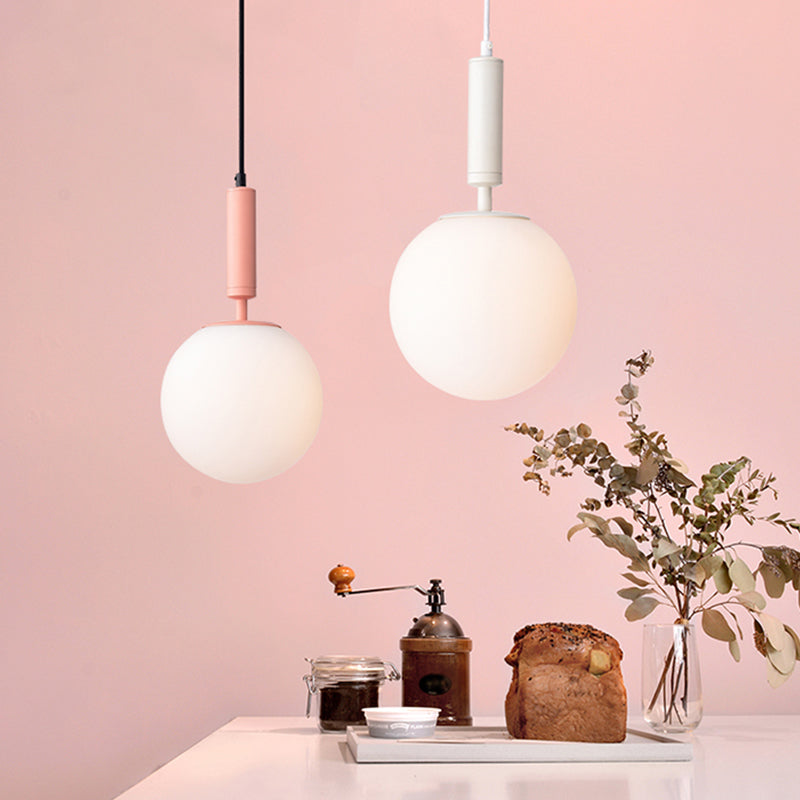 Modern 1-Head Globe Milk Glass Hanging Pendant Light For Study Room In Black/Grey/White