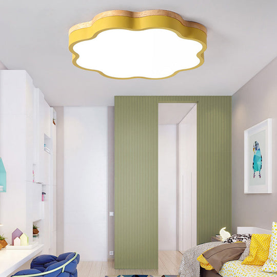Kids Bedroom Wood LED Flush Mount Ceiling Light with Floral Shade