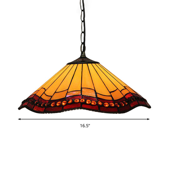 Suspension conique en verre beige taillé à la main pour salon - Design ondulé/frange de style Tiffany avec luminaire à 1 ampoule