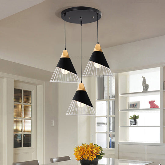 Modern 3-Light Metal Pendant With Cone Cage Shade Black/White Suspension Lamp Black
