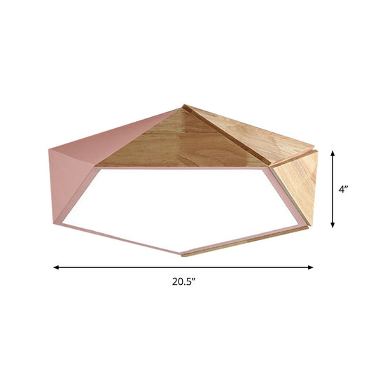 Macron Style Pentagon Study Room Ceiling Lamp In Green/Pink/Yellow - Acrylic & Wood Led Mount Light