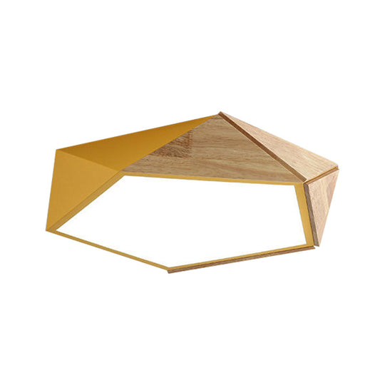 Macron Style Pentagon Study Room Ceiling Lamp in Green/Pink/Yellow - Acrylic & Wood, LED Ceiling Mount Light - 16.5"/20.5" Wide