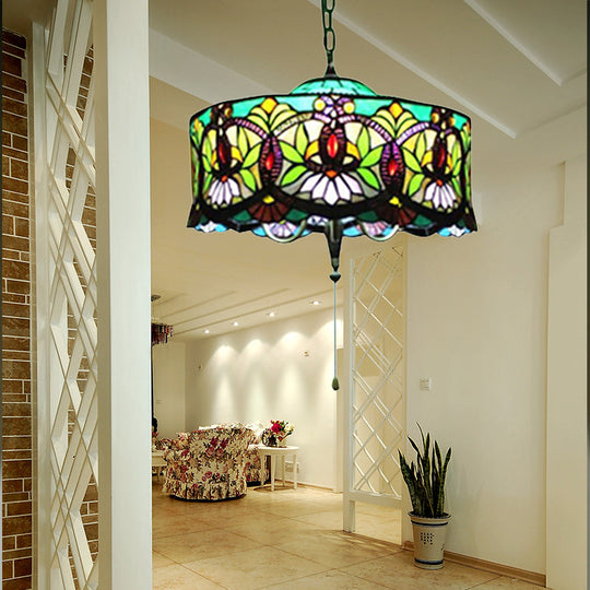 Suspension tambour en vitrail de style victorien pour salon - 18 po de largeur