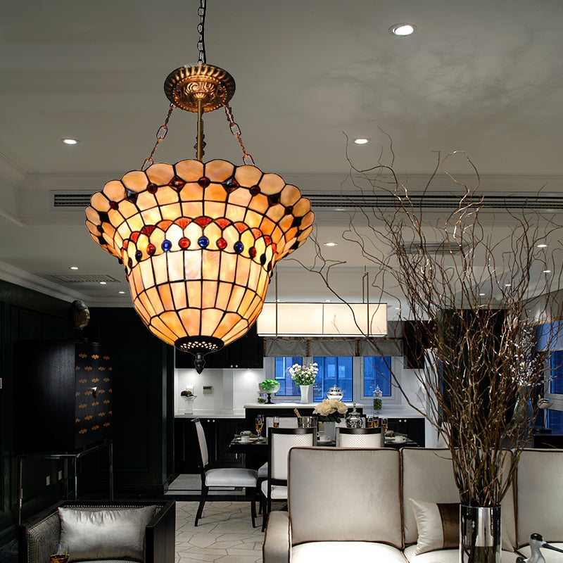 Tiffany Goblet Chandelier Pendant Light - 3-Light With Checkered Beige Glass Pattern