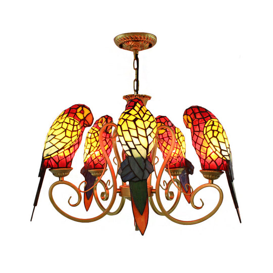 5-Light Parrots Chandelier For Living Room Tiffany Style Mosaic Shade Ceiling Fixture