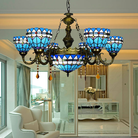 Blue Tiffany Chandelier with Amber Crystal and Jewel Detail for Dining Room Ceiling