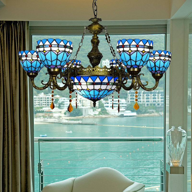 Tiffany Style Blue Chandelier With Amber Crystal And Jewel Accents For Dining Room Ceiling