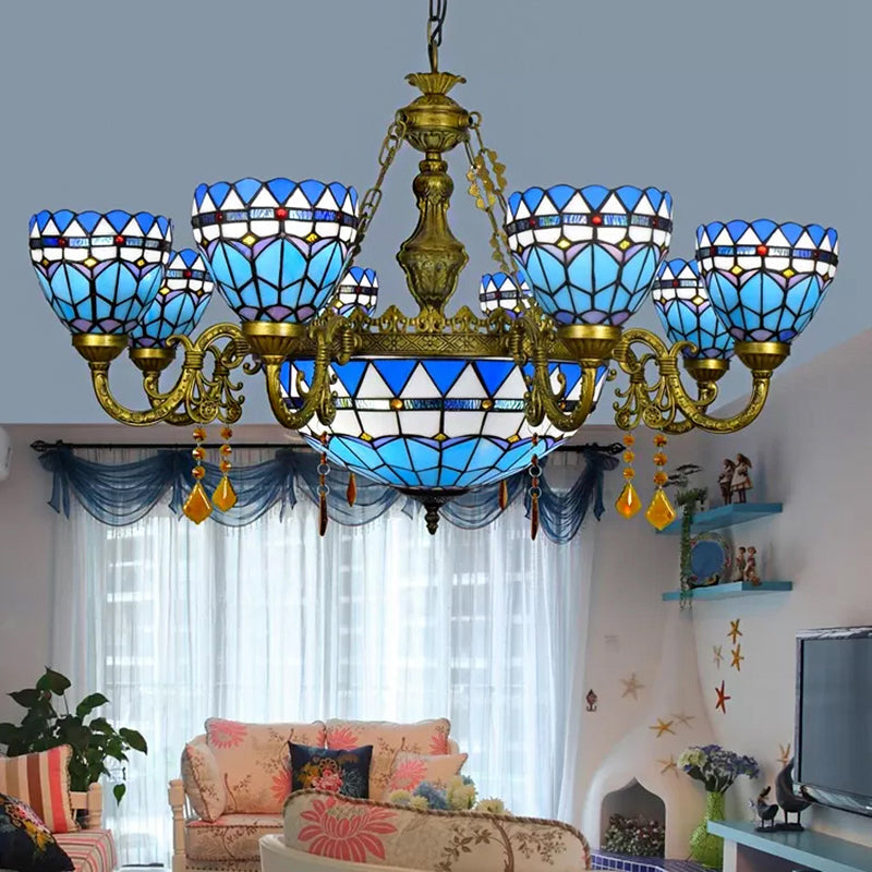 Blue Tiffany Chandelier with Amber Crystal and Jewel Detail for Dining Room Ceiling