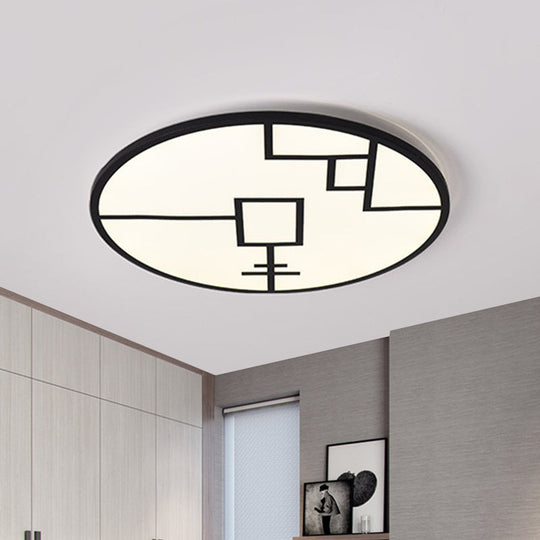 Modern Round LED Ceiling Light in Black/White with Geometric Pattern - Flush Mount Fixture for Living Room