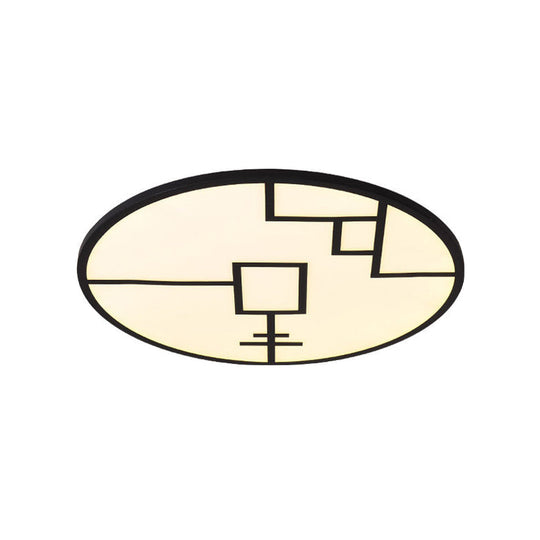 Modern Round LED Ceiling Light in Black/White with Geometric Pattern - Flush Mount Fixture for Living Room