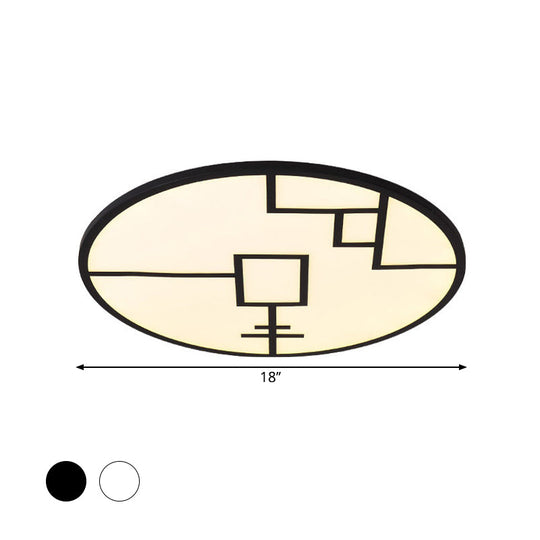 Modern Round LED Ceiling Light in Black/White with Geometric Pattern - Flush Mount Fixture for Living Room