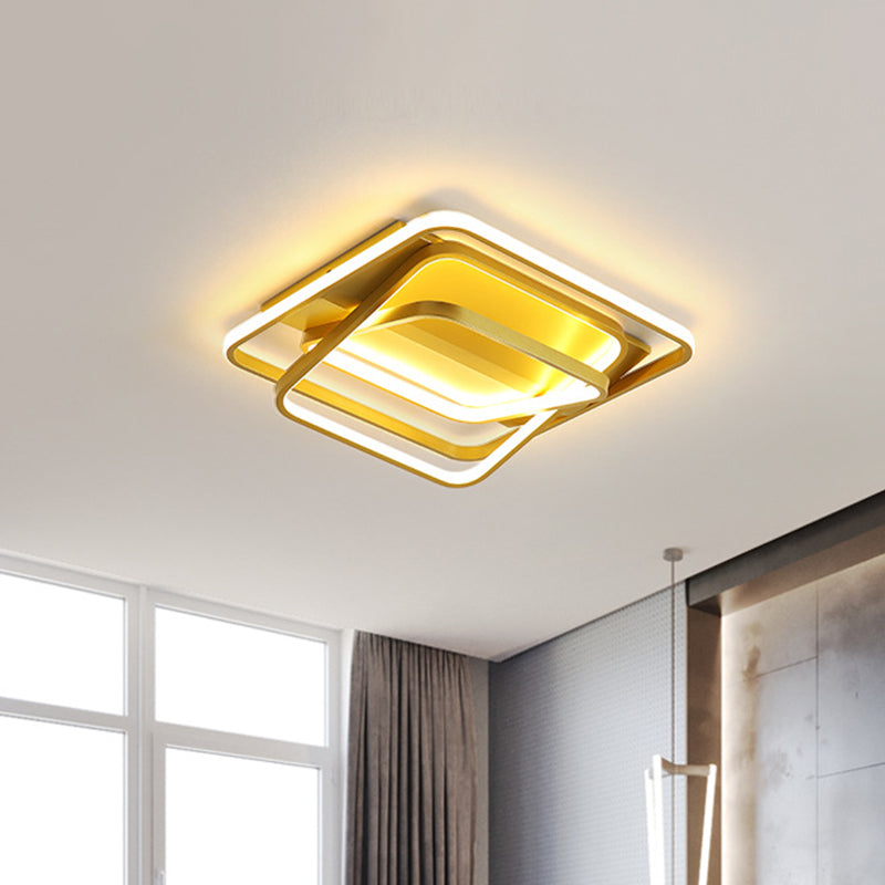 Modern Metallic LED Gold Ceiling Mounted Light for Living Room - 3-Square Frame Flush Lighting Fixture