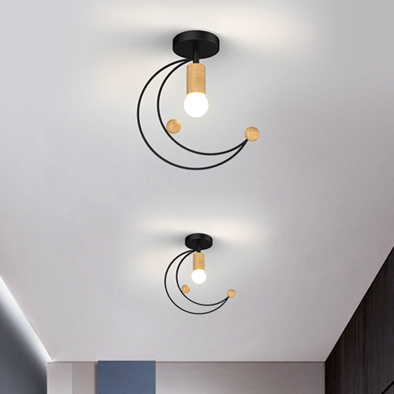 Modern Metallic Crescent Ceiling Light With Wooden Ball Deco - Semi Flush Mount In Black/White/Grey