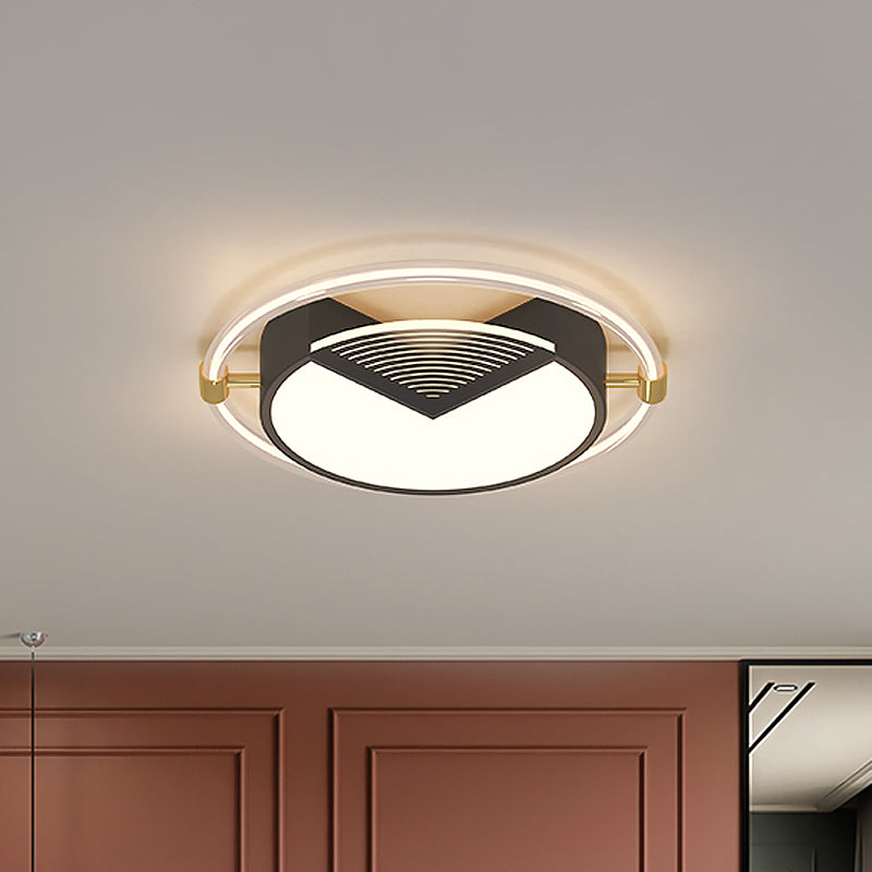 Contemporary LED Flush Ceiling Light, Black Circle Design, Metallic Finish, for Sleeping Room - 16"/19.5" W