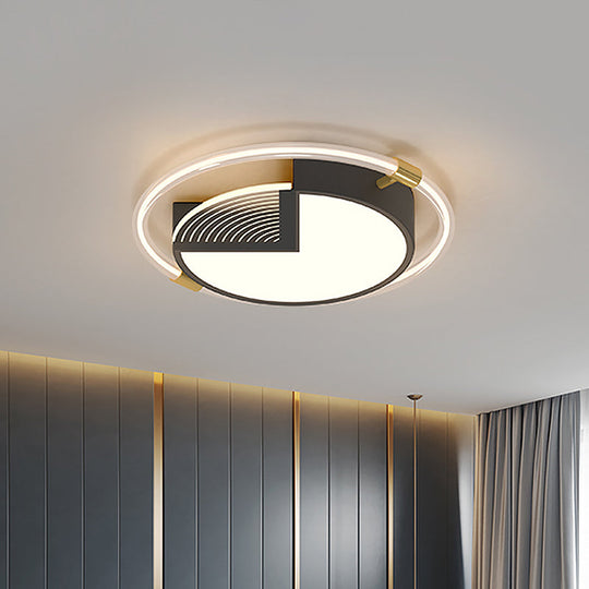 Contemporary LED Flush Ceiling Light, Black Circle Design, Metallic Finish, for Sleeping Room - 16"/19.5" W