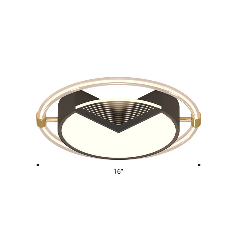 Contemporary LED Flush Ceiling Light, Black Circle Design, Metallic Finish, for Sleeping Room - 16"/19.5" W