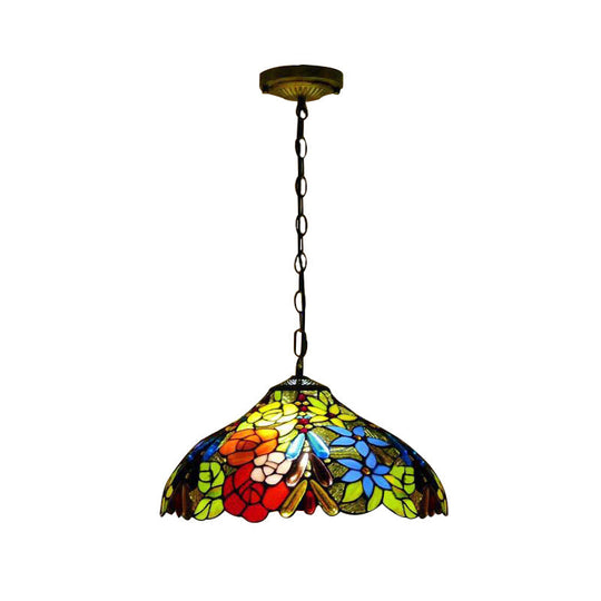 Bloom Victorian Stained Glass Ceiling Lamp - Triple Bulb Pendant Light With Adjustable Chain In Red