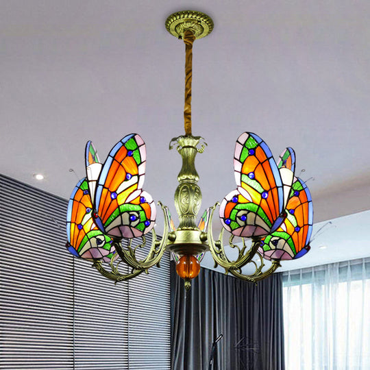 Stained Glass Butterfly Chandelier: Orange, Yellow & Green Colors, 3/5 Bulbs, Perfect for Bedroom
