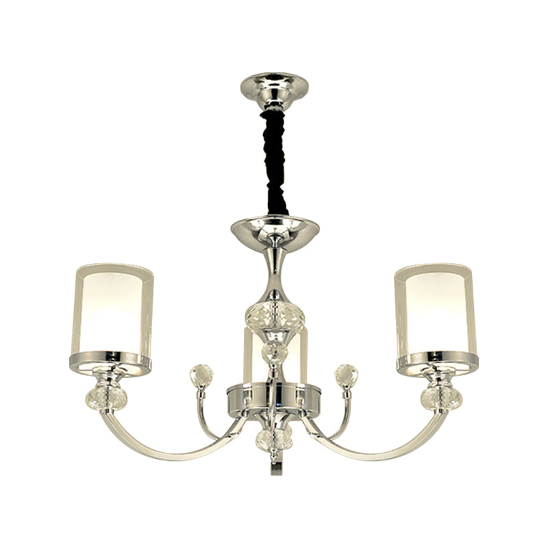 Minimalistic Crystal-Decorated Dual-Layer Parlor Ceiling Lamp with Clear and Opal Glass Shades - 3-Head Chandelier in Chrome