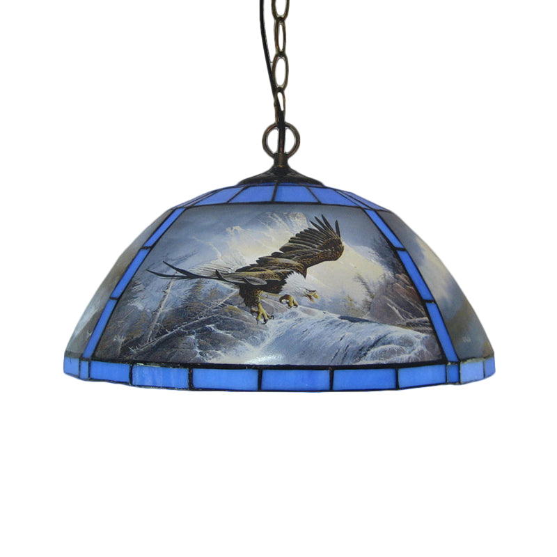 Kit de suspension en verre taillé victorien - Lampe suspendue jaune/bleue à 1 ampoule avec motif aigle pour salle à manger