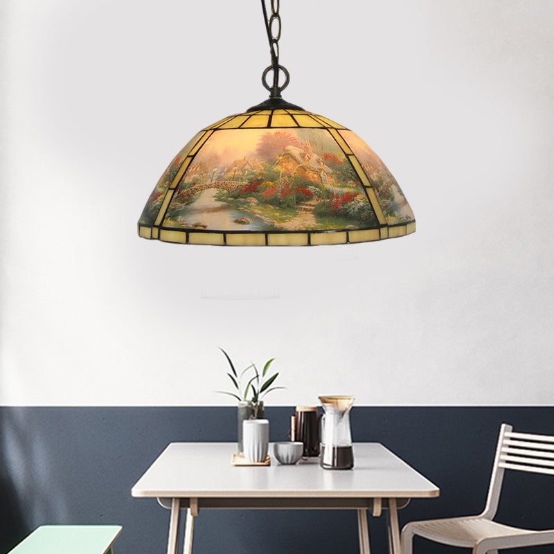 Kit de suspension en verre taillé victorien - Lampe suspendue jaune/bleue à 1 ampoule avec motif aigle pour salle à manger