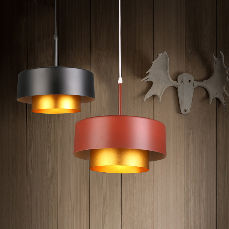 Modern Tiered Metal Drum Pendant Light with Acrylic Diffuser: Black/Brown for Dining Room