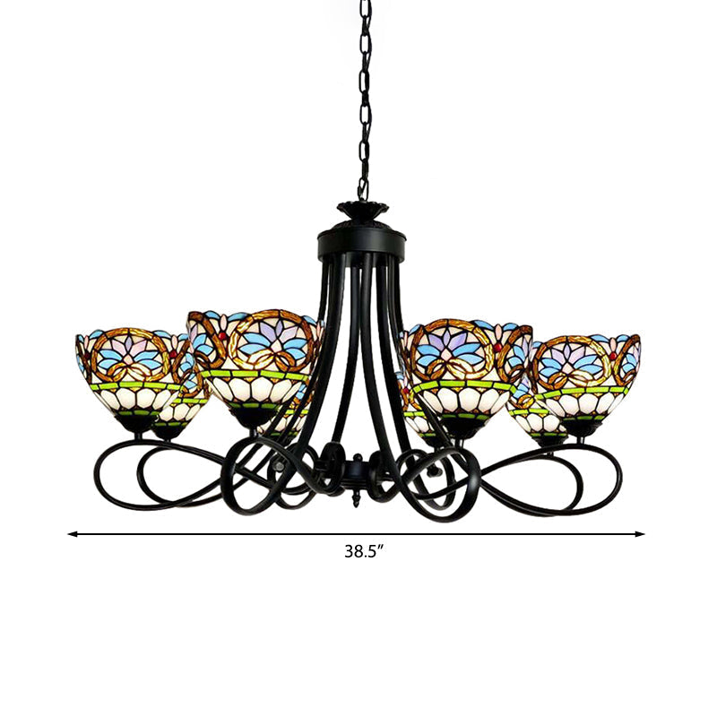 6-Light Stained Glass Bowl Pendant Chandelier in Black Finish with Adjustable Chain - Victorian Style