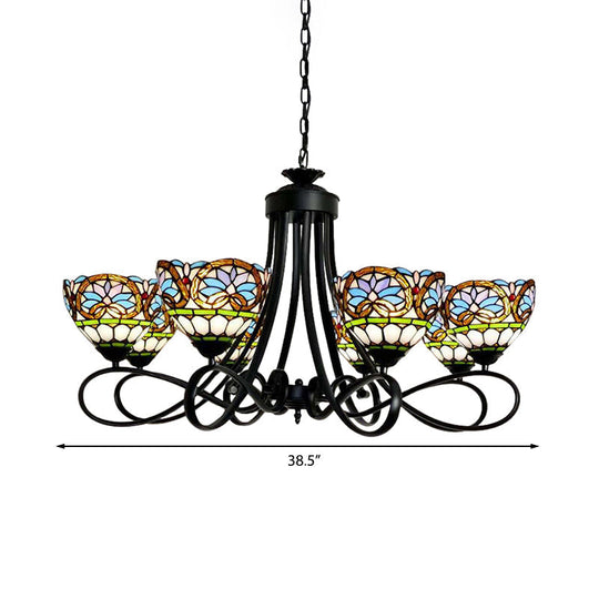 6-Light Stained Glass Bowl Pendant Lighting: Victorian Chandelier In Black Finish With Adjustable
