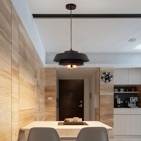 Contemporary 3-Tiered Suspension Pendant - Metal 1 Bulb Ceiling Light For Dining Room In Black/White