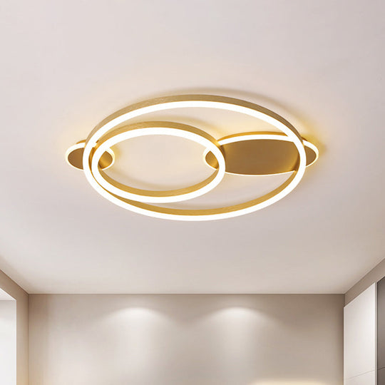 Contemporary Gold LED Flush Mount Bedroom Lighting - 16"/19.5" Wide, Ring Acrylic Shade in Warm/White Light