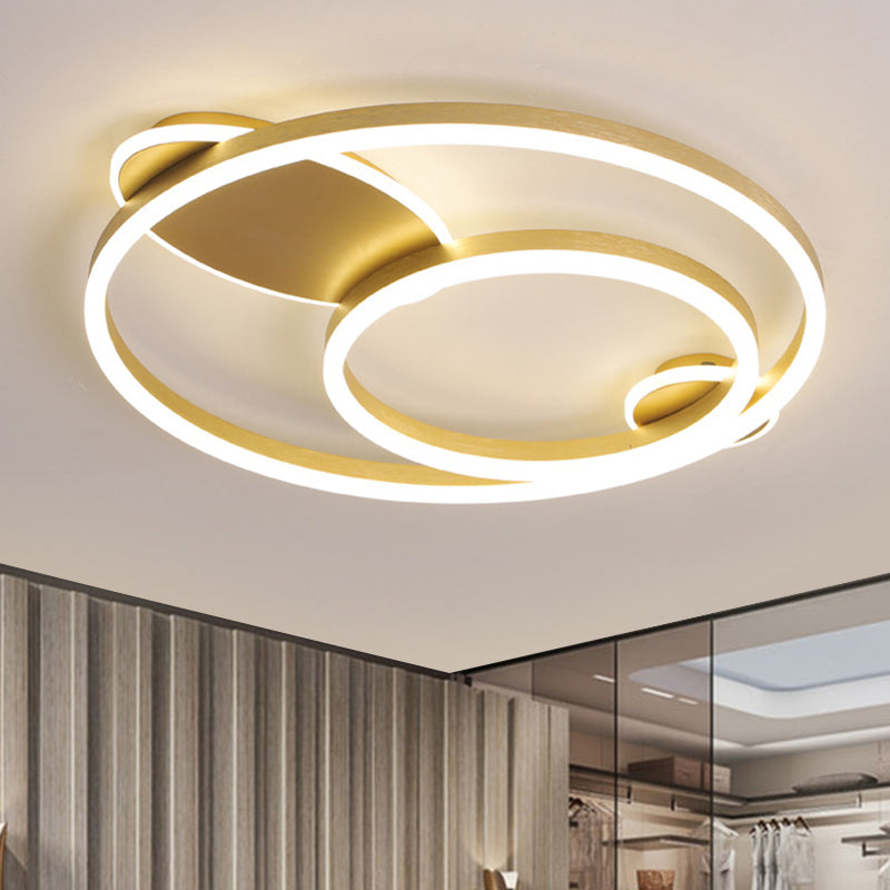 Contemporary Gold LED Flush Mount Bedroom Lighting - 16"/19.5" Wide, Ring Acrylic Shade in Warm/White Light
