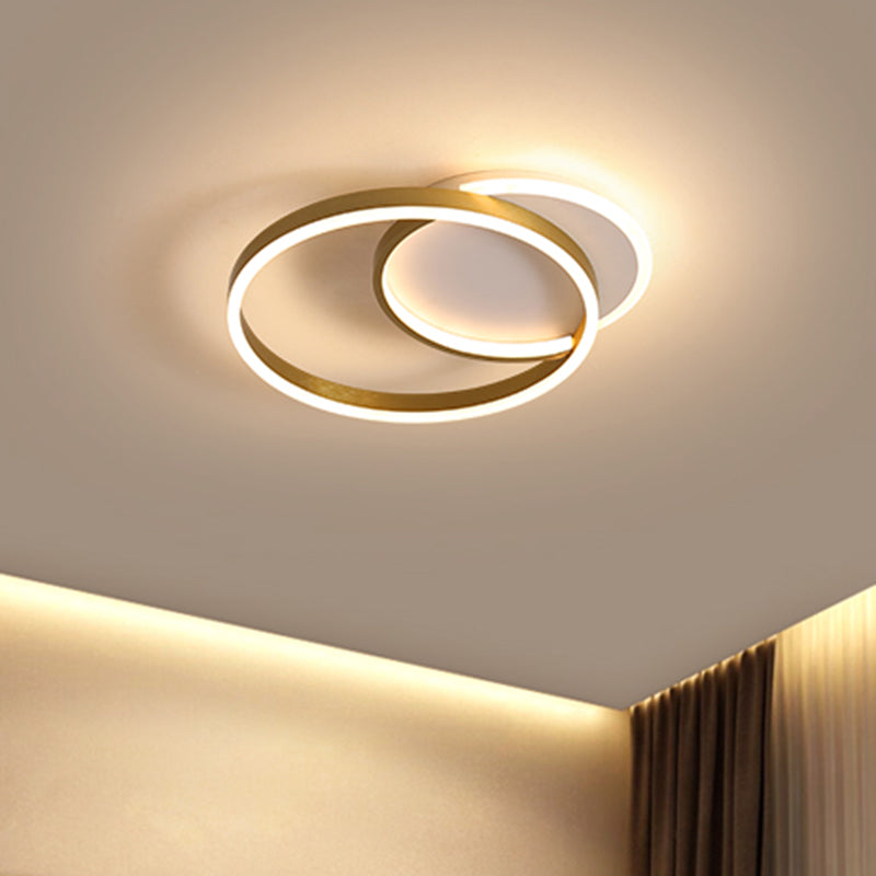 Modern Gold/Coffee Double Hoop Flush Ceiling Light - LED Metallic Flush Mount Fixture (16"/19" Width) for Bedroom - Warm/White Light