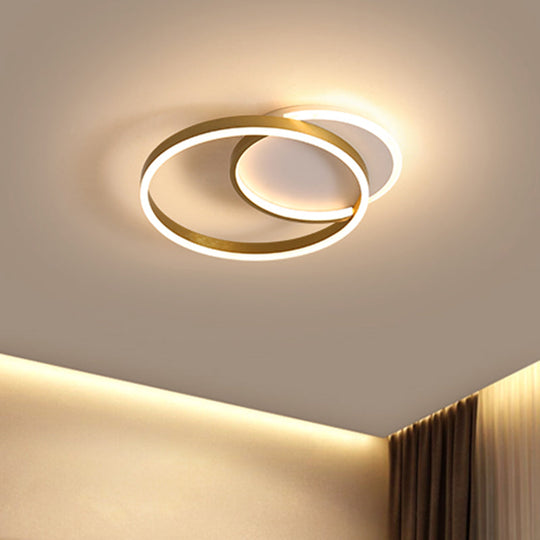 Modern Gold/Coffee Double Hoop Flush Ceiling Light - LED Metallic Flush Mount Fixture (16"/19" Width) for Bedroom - Warm/White Light
