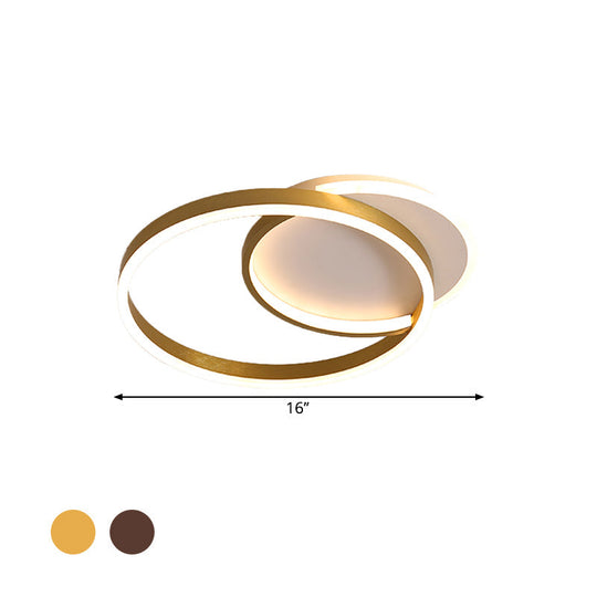 Modern Gold/Coffee Double Hoop Flush Ceiling Light - LED Metallic Flush Mount Fixture (16"/19" Width) for Bedroom - Warm/White Light