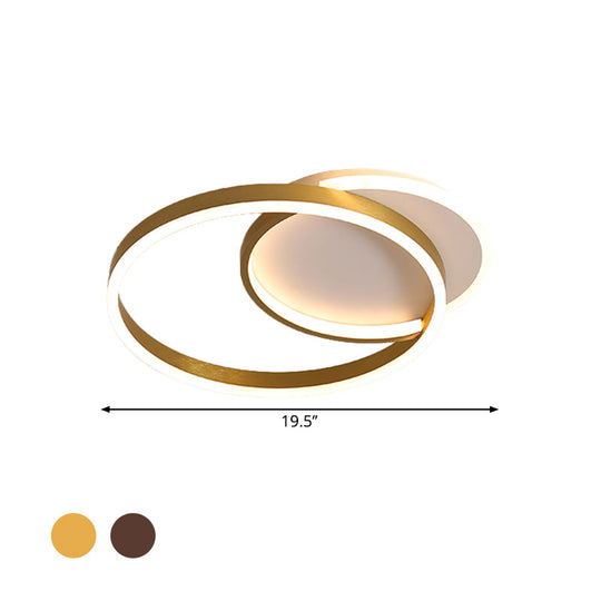 Modern Gold/Coffee Double Hoop Flush Ceiling Light - LED Metallic Flush Mount Fixture (16"/19" Width) for Bedroom - Warm/White Light