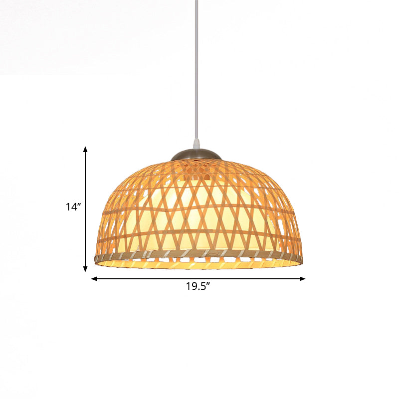 Asian Style Dome Wood Pendant Light for Restaurants - Beige