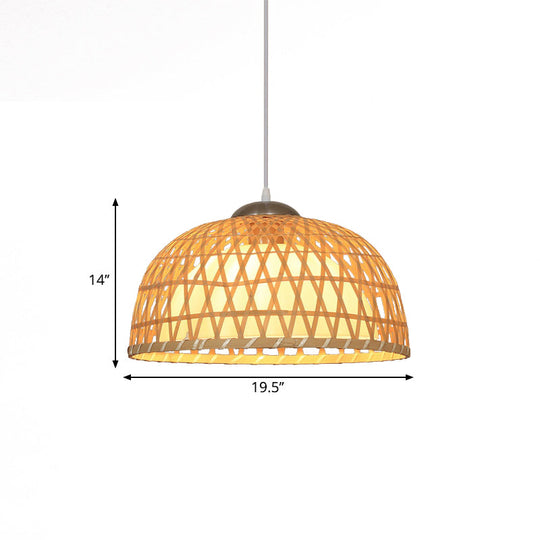 Asian Style Dome Wood Pendant Light for Restaurants - Beige