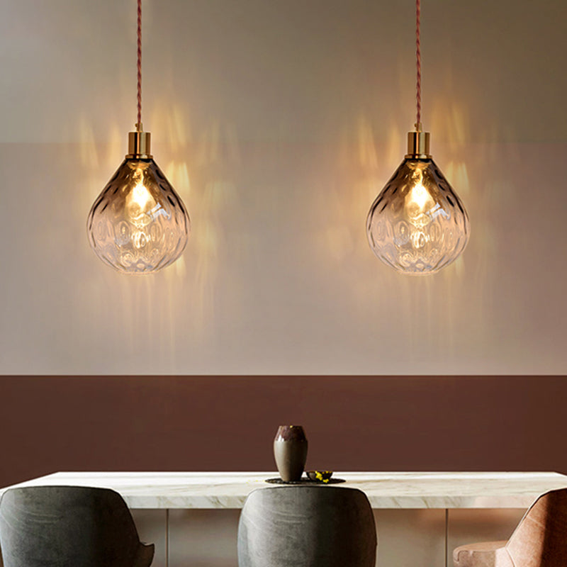 Modernist Lattice Glass Teardrop Pendant Light With Amber/Smoky Bulb Hangs Elegantly