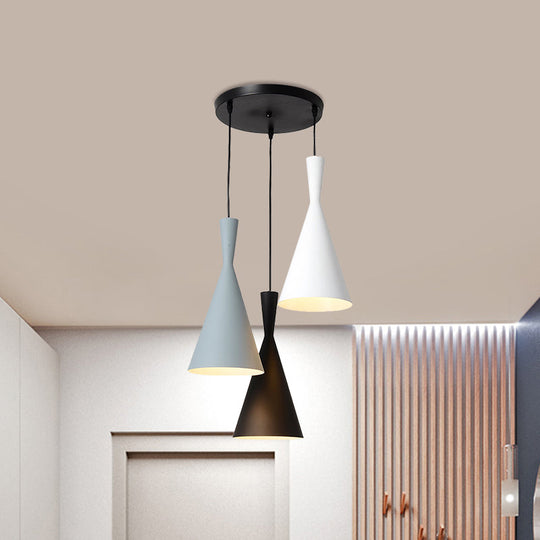 Contemporary Flared Metallic Pendant Light With 3-Head Black Hanging Lamp Kit And Canopy / Round