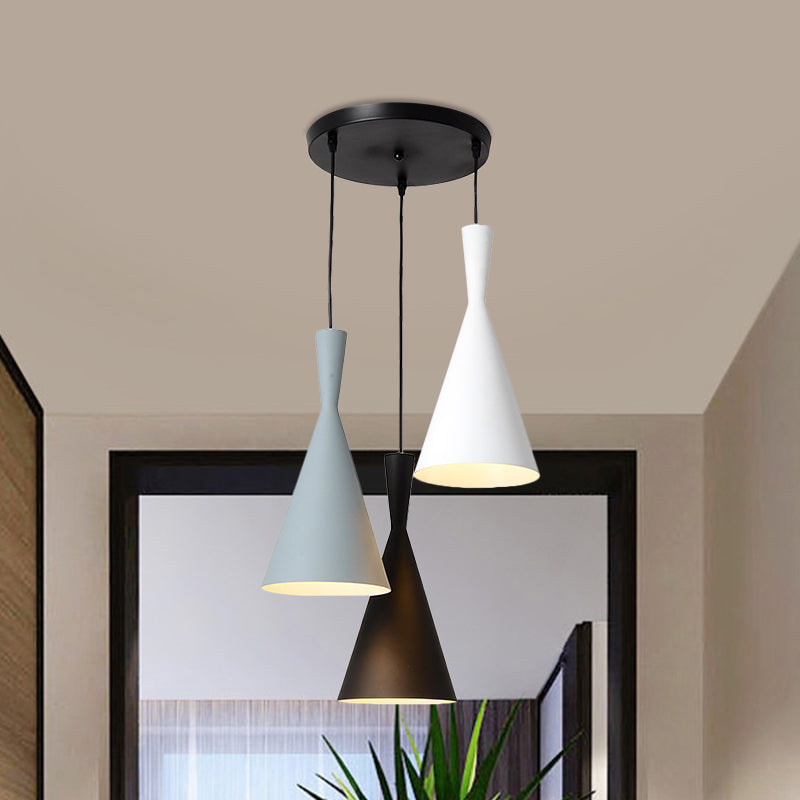 Contemporary Flared Metallic Pendant Light - 3-Head Black Hanging Lamp with Round/Rectangle Canopy