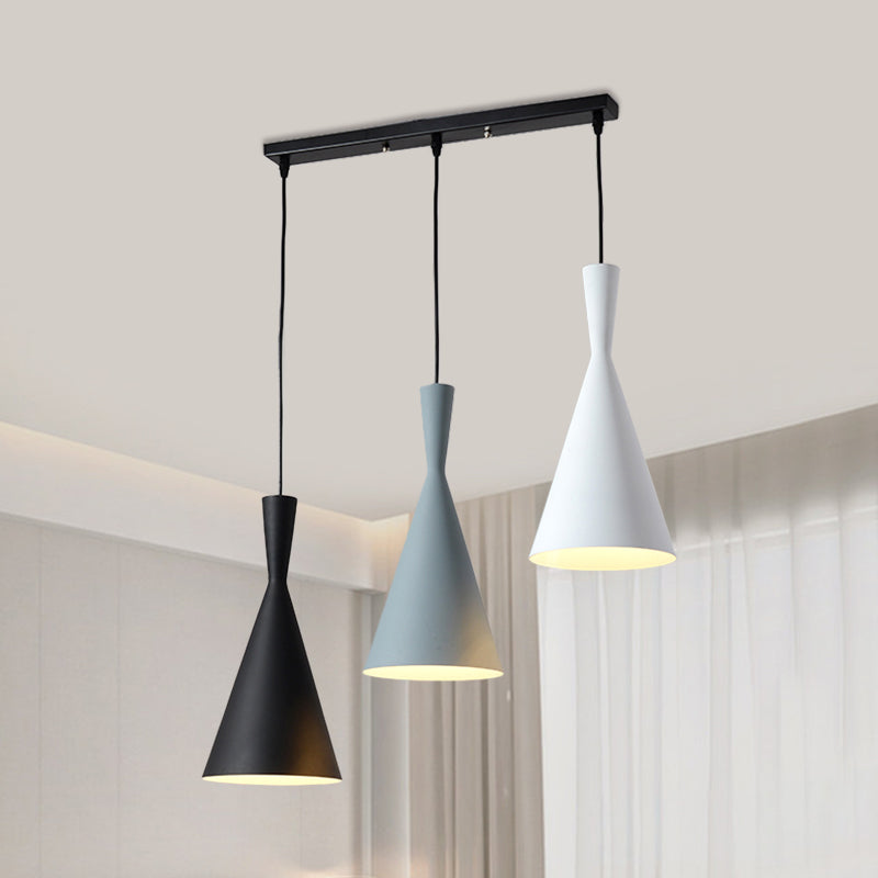 Contemporary Flared Metallic Pendant Light - 3-Head Black Hanging Lamp with Round/Rectangle Canopy