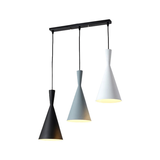 Contemporary Flared Metallic Pendant Light - 3-Head Black Hanging Lamp with Round/Rectangle Canopy