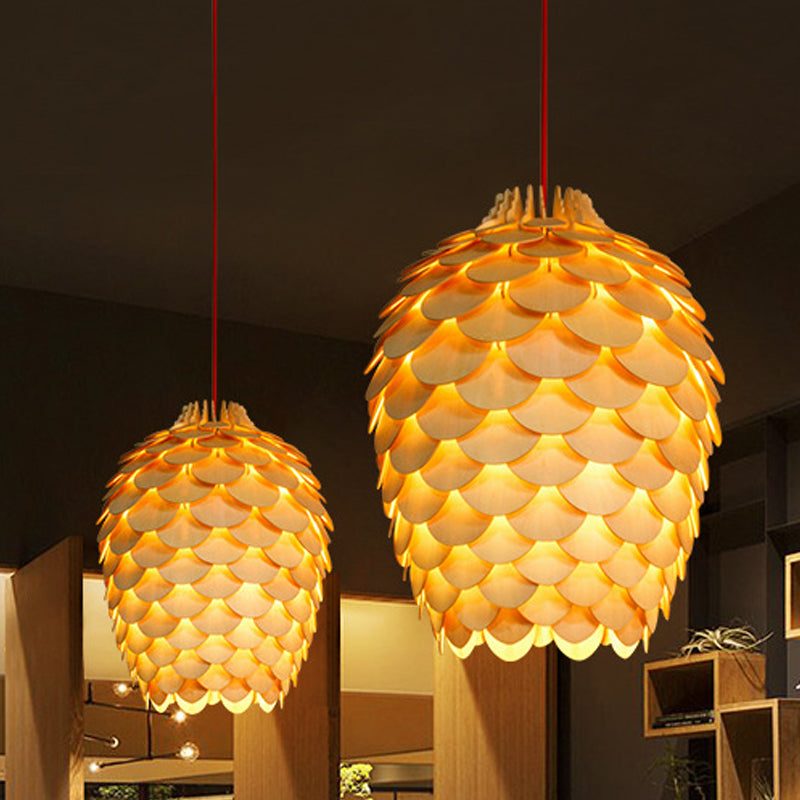 Suspension rustique en forme de pomme de pin en bois - Charme campagnard - Diamètre 12"/15" - Suspension beige à 1 ampoule pour salle à manger