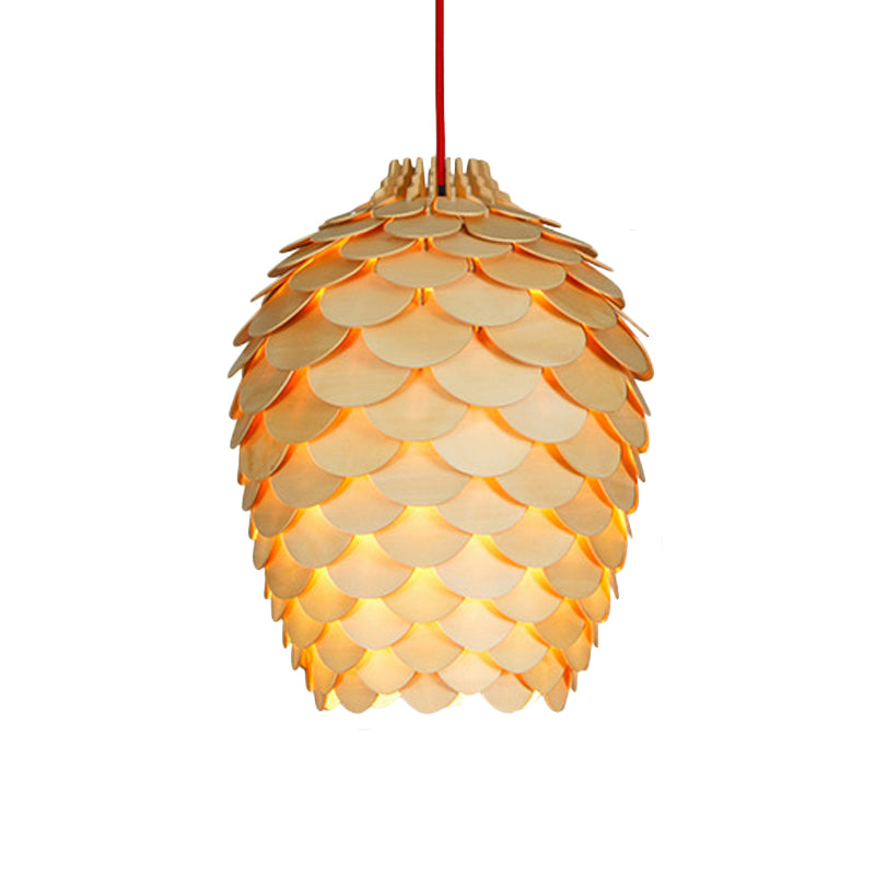 Suspension rustique en forme de pomme de pin en bois - Charme campagnard - Diamètre 12"/15" - Suspension beige à 1 ampoule pour salle à manger