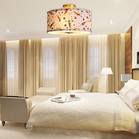 Contemporary Round Fabric Ceiling Lamp for Child's Bedroom - Semi Flushmount Light