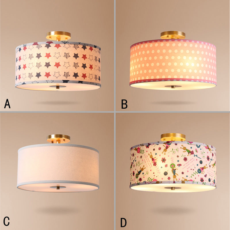 Contemporary Round Fabric Ceiling Lamp for Child's Bedroom - Semi Flushmount Light