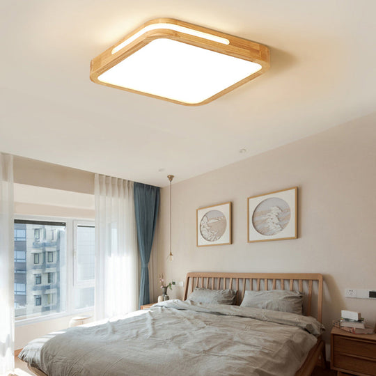 Japanese Style Wood and Acrylic LED Square Flush Ceiling Lamp in Beige - 16"/19.5" Wide